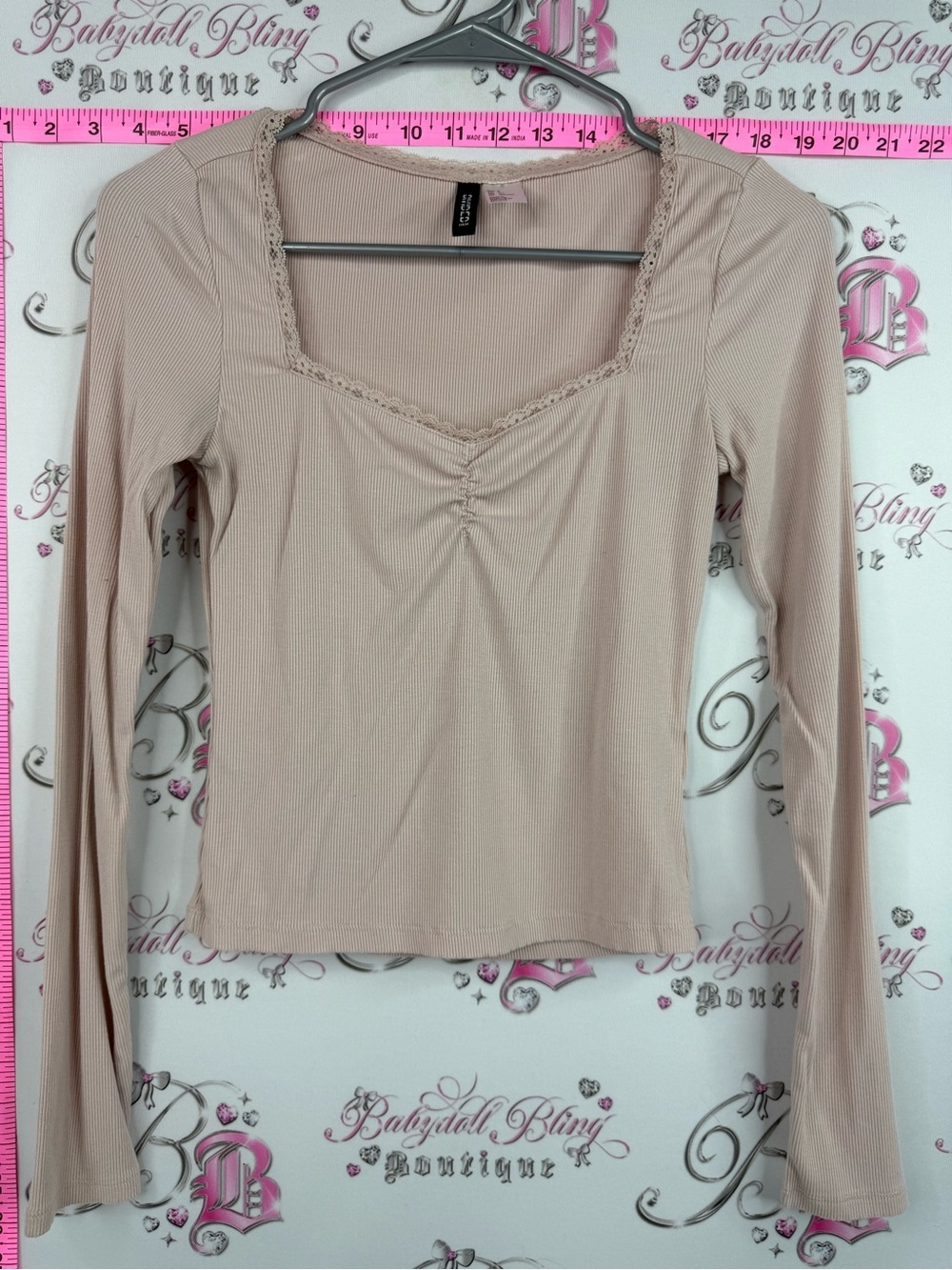 Divided long sleeve Ribbed Lace-Trim Square Neck Long Sleeve Top - Blush